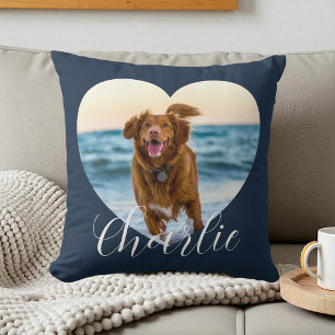 Pet Photo Navy Blue Script Heart Personalized Dog Cushion