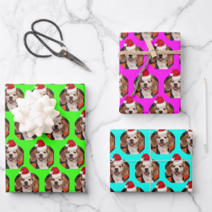 Pet Photo Neon Colors Santa Hats on Head Christmas Wrapping Paper Sheet