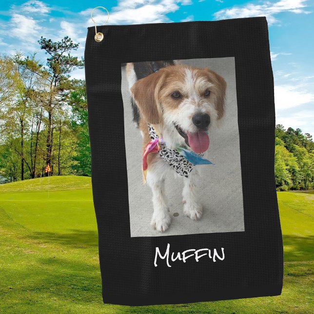 Pet Photo or Child's Photo & Name, Customise Black Golf Towel (Creator Uploaded)