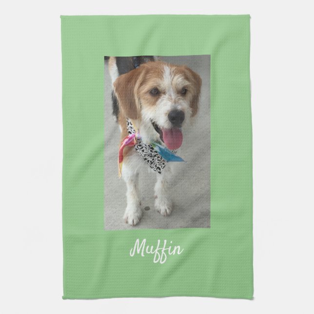 Pet Photo or Child's Photo & Name, Customise, Sage Tea Towel (Vertical)