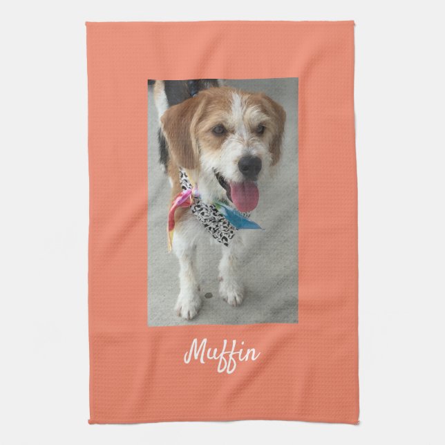 Pet Photo or Child's Photo & Name Customise Salmon Tea Towel (Vertical)