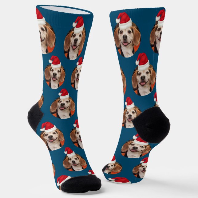 Pet Photo Pattern Blue Red Santa Hats Christmas Socks (Angled)