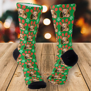 Pet Photo Pawprints & Snowflakes Green Christmas Socks