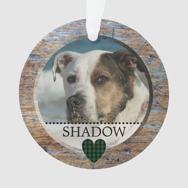Pet Photo Personalised Name Heart Rustic Christmas Ornament (Front)