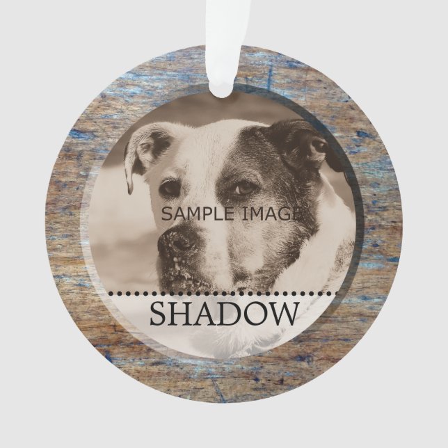Pet Photo Personalised Name Rustic Wood Christmas Ornament (Front)
