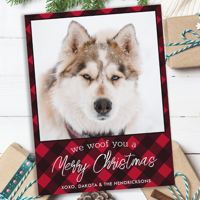Pet Photo Personalised Red Plaid Merry Christmas  Holiday Postcard (Creator Uploaded)