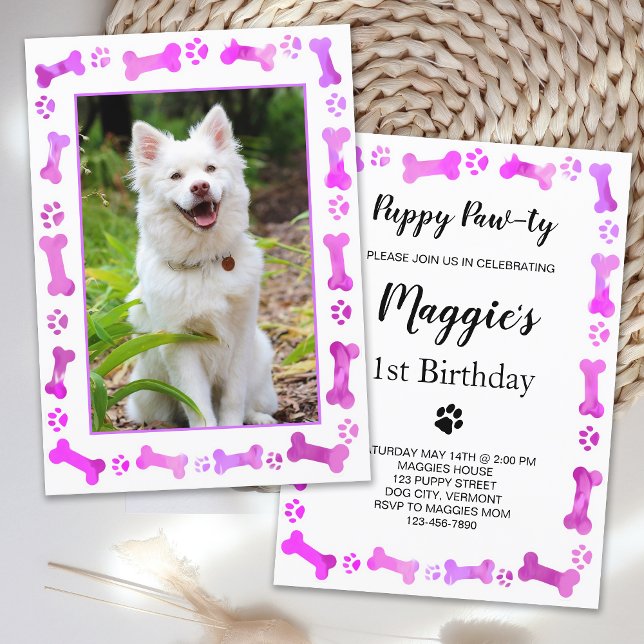 Pet Photo Pink Paw Prints Dog Birthday Invitation (Creator Uploaded)