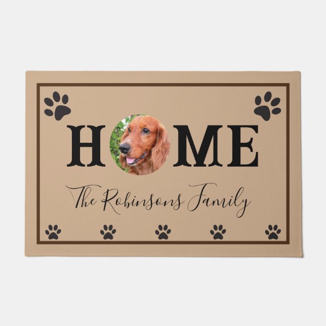 Pet photo print & HOME Script Family name custom Doormat (Front)