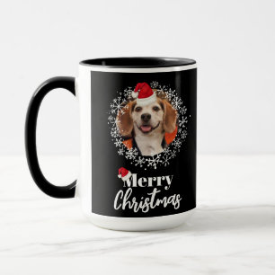 Pet Photo Red Santa Hat Snowflakes Black Christmas Mug