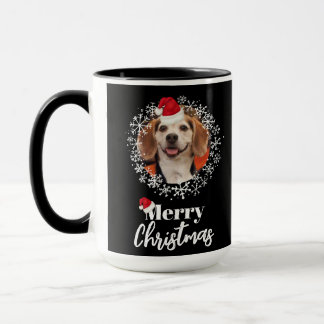 Pet Photo Red Santa Hat Snowflakes Black Christmas Mug