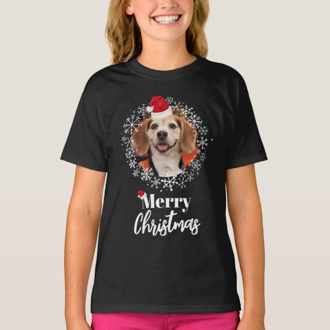 Pet Photo Red Santa Hat Snowflakes Dark Christmas T-Shirt (Front)