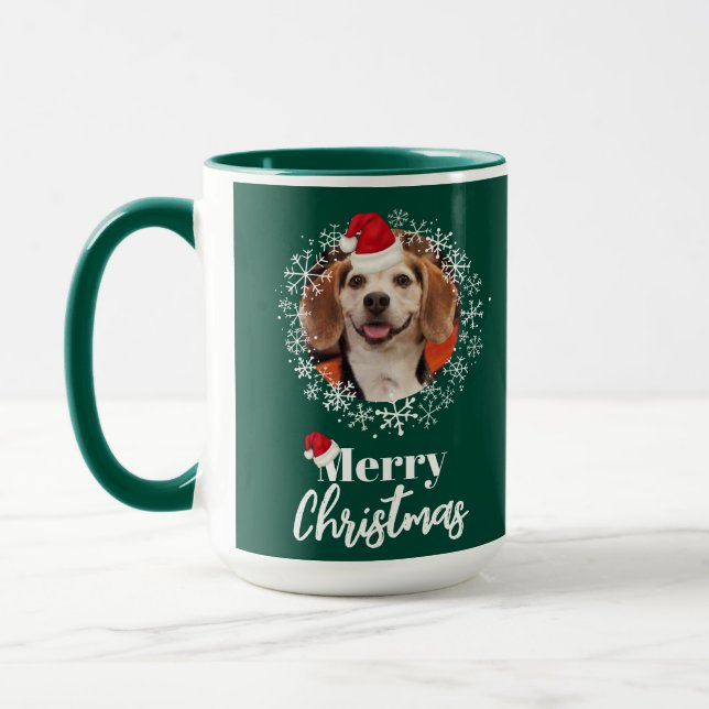 Pet Photo Red Santa Hat Snowflakes Green Christmas Mug (Left)