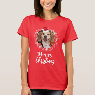 Pet Photo Red Santa Hat Snowflakes Merry Christmas T-Shirt