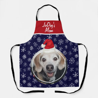 Pet Photo Red Santa Hat Snowflakes Navy Christmas Apron