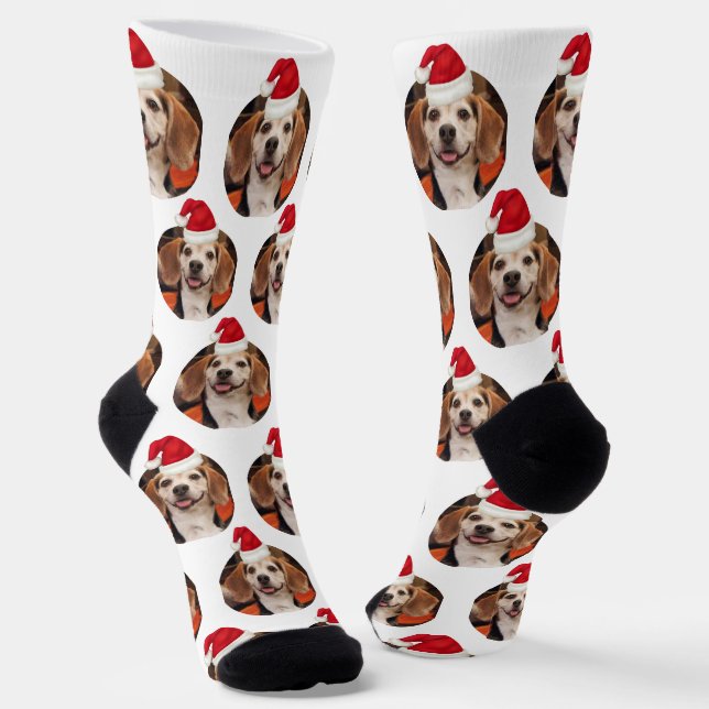 Pet Photo Red White Santa Hats on Head Christmas  Socks (Angled)