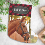 Pet Photo Rustic Red Buffalo Plaid Horse Lover Small Christmas Stocking<br><div class="desc">Decorate your home and spoil your favourite pet with this super cute and fun custom horse photo christmas stocking in a red and black buffalo check plaid design . Perfect for horse, dog, cat and kids! Makes a treasured keepsake to celebrate the special puppy first Christmas. Stocking is single sided,...</div>