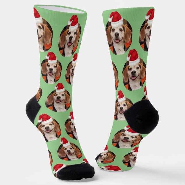 Pet Photo Sage Green Santa Hats Cute Christmas Socks (Angled)