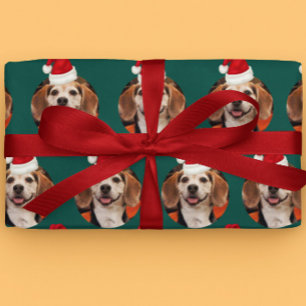 Pet Photo Santa Hats on Head Christmas Green  Wrapping Paper