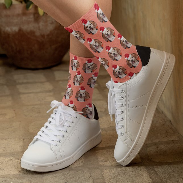 Pet Photo & Santa Hats on Head Coral Christmas Socks (Creator Uploaded)