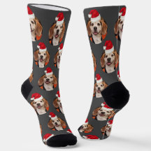 Pet Photo & Santa Hats on Head Grey Christmas