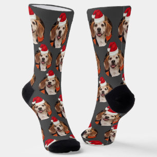 Pet Photo & Santa Hats on Head Grey Christmas Socks