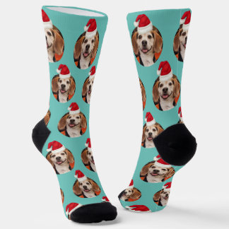 Pet Photo & Santa Hats on Head Teal Christmas Socks