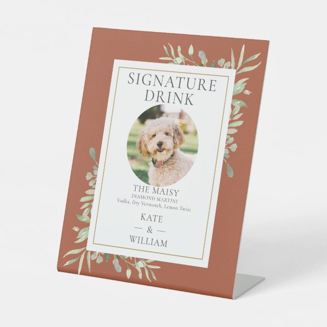 Pet Photo Signature Drink Greenery Terracotta Pedestal Sign (Front)