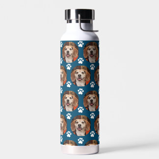 Pet Photo Teal Cat Dog Paw Prints Pattern  Water Bottle