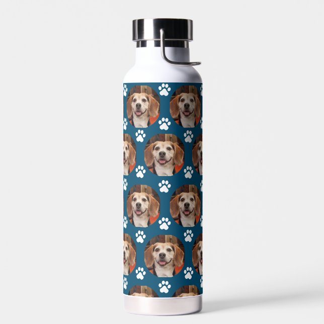 Pet Photo Teal Cat Dog Paw Prints Pattern  Water Bottle (Left)
