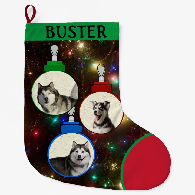 Pet Photo Tree Ornaments Add Name Large Christmas Stocking (Front)