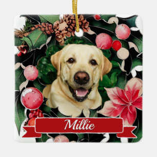 Pet Photo Watercolor Christmas Wreath Ceramic Ornament