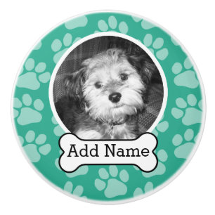Pet Photo with Dog Bone and Paw Prints Green Ceramic Knob