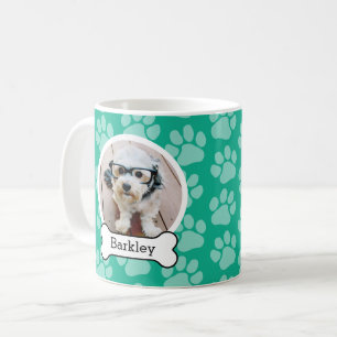 Pet Photo with Dog Bone and Paw Prints Green Coffee Mug