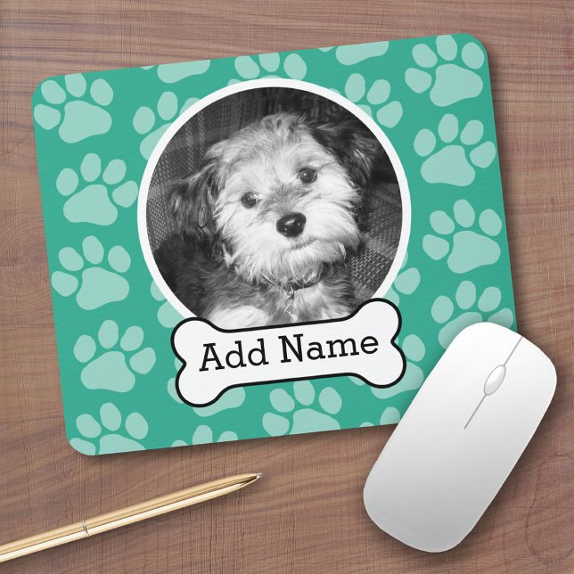 Pet Photo with Dog Bone and Paw Prints Green Mouse Mat (Personalized mousepad - Add Photos and Custom Text)