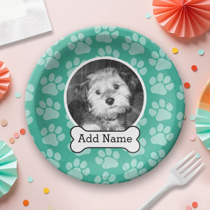Pet Photo with Dog Bone and Paw Prints Green Paper Plate