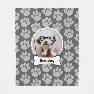 Pet Photo with Dog Bone and Paw Prints Grey Fleece Blanket