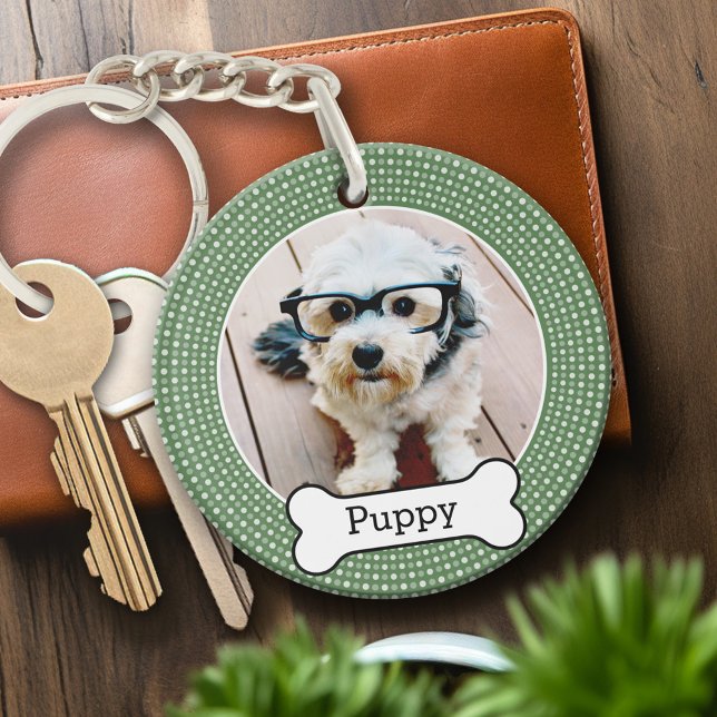 Pet Photo with Dog Bone - green polka dots Key Ring (Personalized Keychain - pet photo)