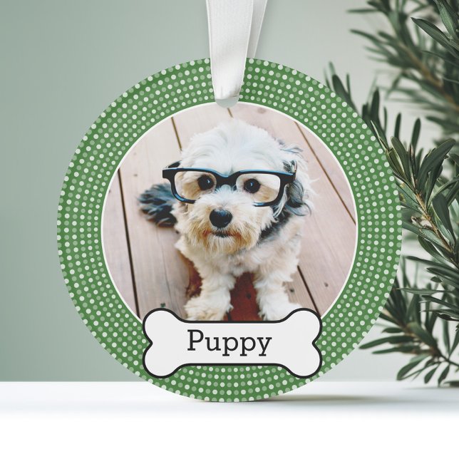 Pet Photo with Dog Bone - green polka dots Ornament (Personalized Photo Ornament - Pet Theme)