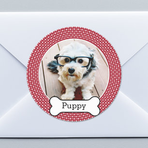 Pet Photo with Dog Bone - red polka dots Classic Round Sticker