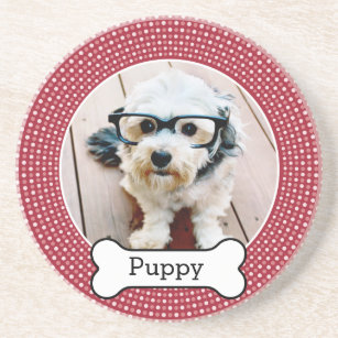 Pet Photo with Dog Bone - red polka dots Coaster