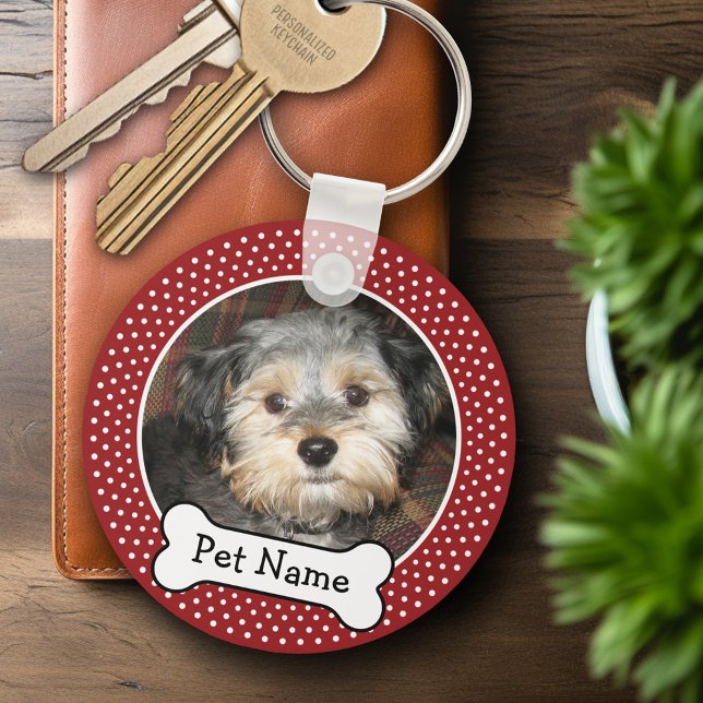 Pet Photo with Dog Bone Red Polka Dots Key Ring (Personalized Keychain - Add Your Pet Dog Photo)