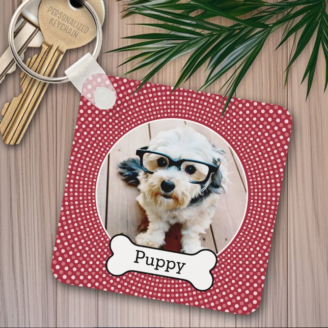 Pet Photo with Dog Bone - red polka dots Key Ring (Personalized keychain - add a pet photo)