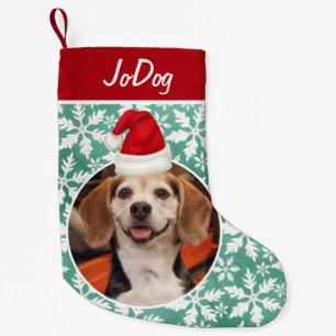 Pet Photo with Red Santa Hat Green Snowflakes Small Christmas Stocking