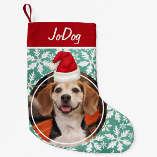 Pet Photo with Red Santa Hat Green Snowflakes Small Christmas Stocking