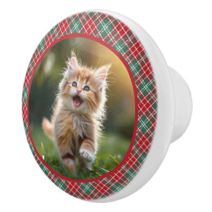 Pet Photo Your Cat Dog Red Green Plaid  Ceramic Knob