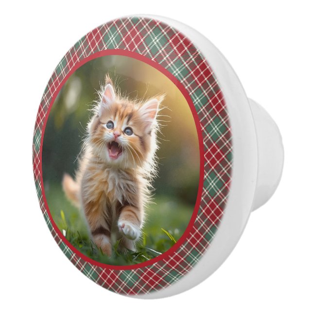 Pet Photo Your Cat Dog Red Green Plaid  Ceramic Knob (Right)