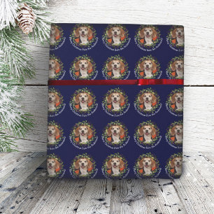 Pet Photo Your Name Christmas Wreath Navy  Wrapping Paper