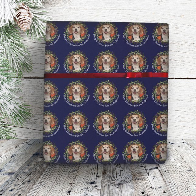 Pet Photo Your Name Christmas Wreath Navy  Wrapping Paper (Creator Uploaded)