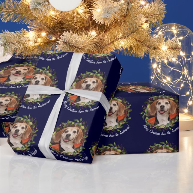 Pet Photo Your Name Navy Christmas Wrapping Paper (Holidays)
