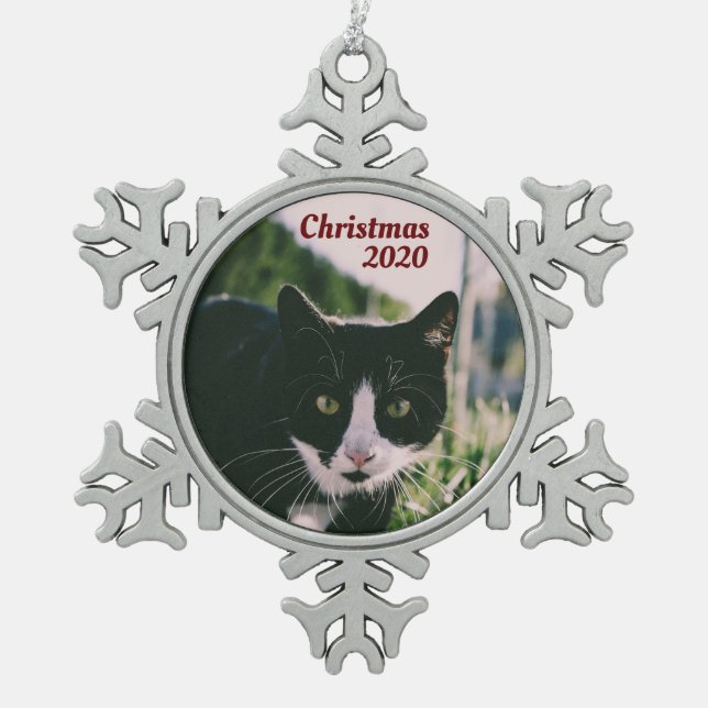 Pet Photograph, Christmas 2020, Personalised Snowflake Pewter Christmas Ornament (Front)